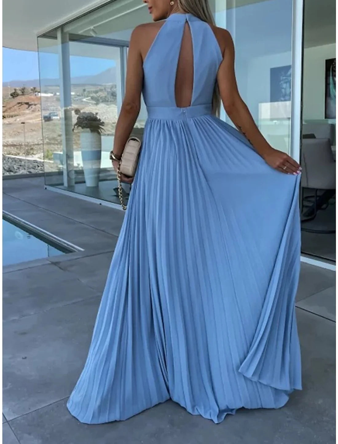 Luolandi Women's Long Dress Maxi Dress Party Dress Casual Dress Summer Dress Pure Color Streetwear Casual Outdoor Holiday Going out Ruched Pleated Sleeveless Halter Neck Dress Slim Pink Blue